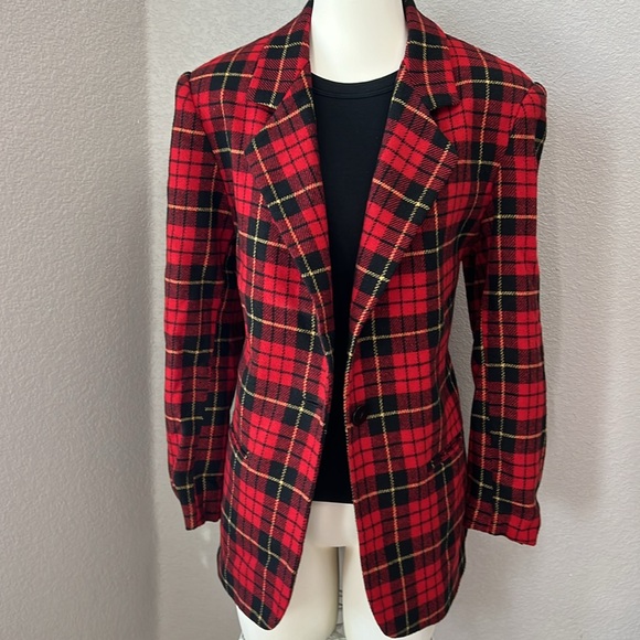 Sellecca Women’s Oversize Red Plaid One Button Pocket Wool Blend Blazer Size 10 - Picture 2 of 9